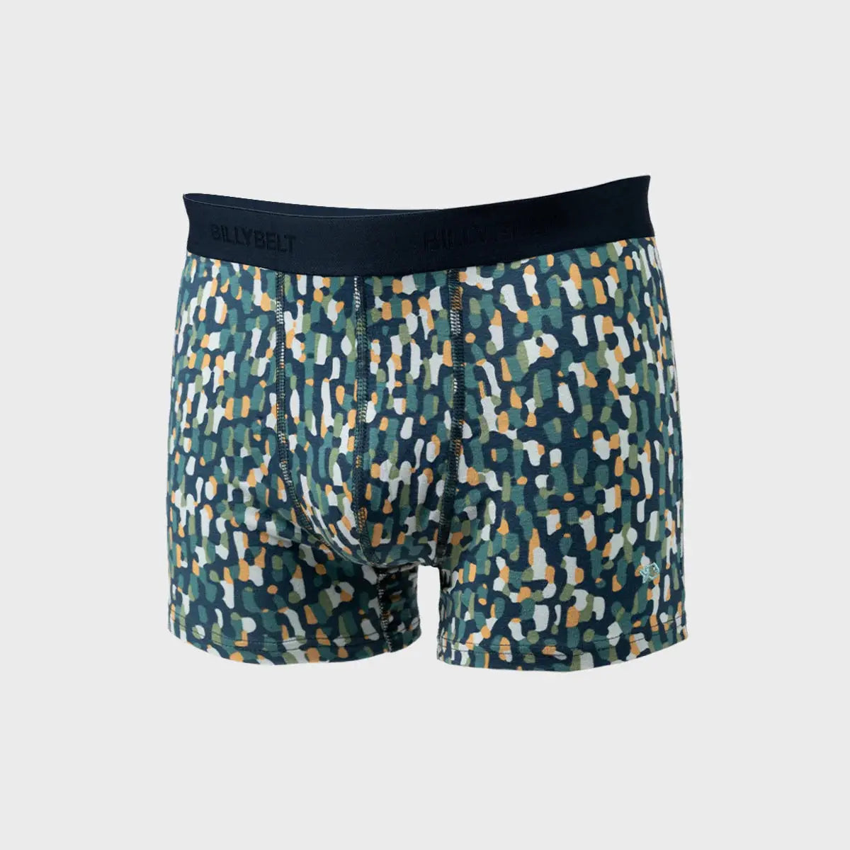 Boxer Mirage à plat, fond Bleu Marine moucheté de touches vert d'eau, kaki, blanches et jaune moutarde
