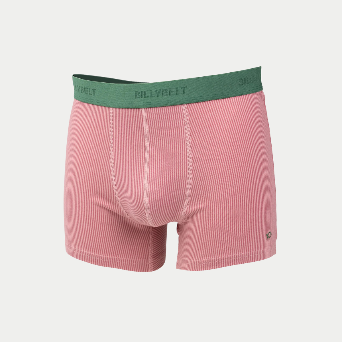 Boxer Pink Shot BillyBelt à plat, fines rayures rose et blanc, ceinture élastique verte griffée BILLYBELT