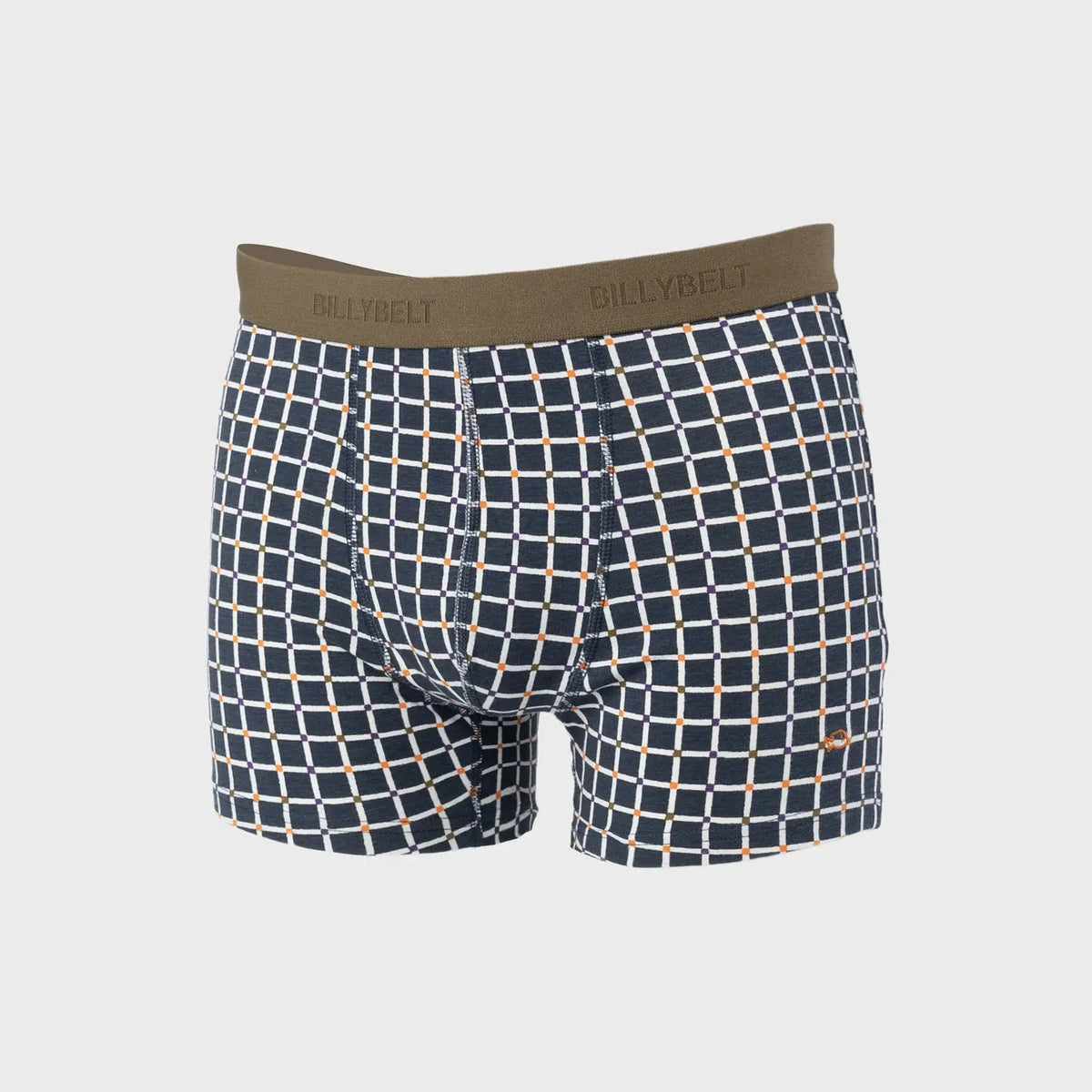 Boxer Rétro à plat, quadrillage blanc ponctué d'orange, violet et kaki sur Bleu Marine, ceinture kaki