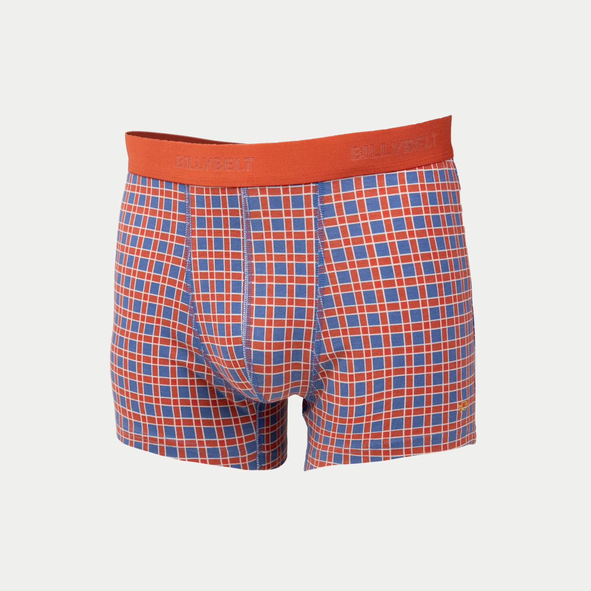 Boxer BillyBelt Retro Grid à carreaux rouge orangé et bleu, ceinture orange siglée - vue de face