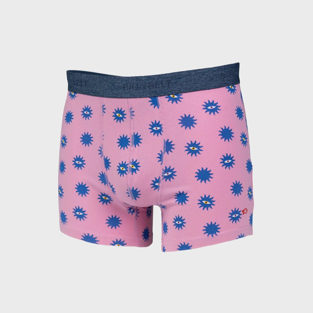 Boxer Suneyes rose à plat, imprimé soleils bleus dont certains ouvrent un œil, ceinture bleu denim