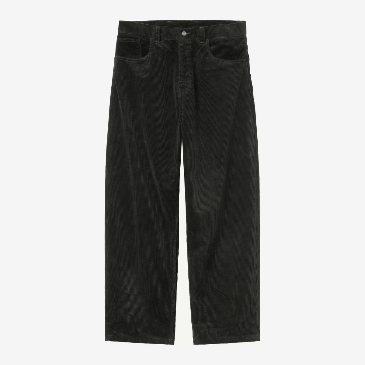 Brandon Pant Carhartt WIP en velours côtelé vert sapin Raven, à plat de face : passants, braguette zippée et poches avant