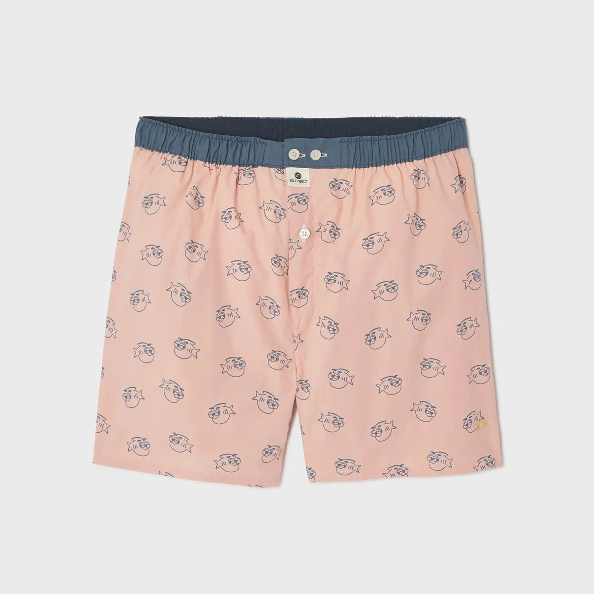 Caleçon Billychill rose poudré à plat, imprimé poissons à lunettes bleu ardoise, ceinture ton assorti