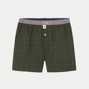 Caleçon BillyBelt City Green à plat, fins carreaux gris sur fond vert olive, ceinture lilas à boutons - vue de face