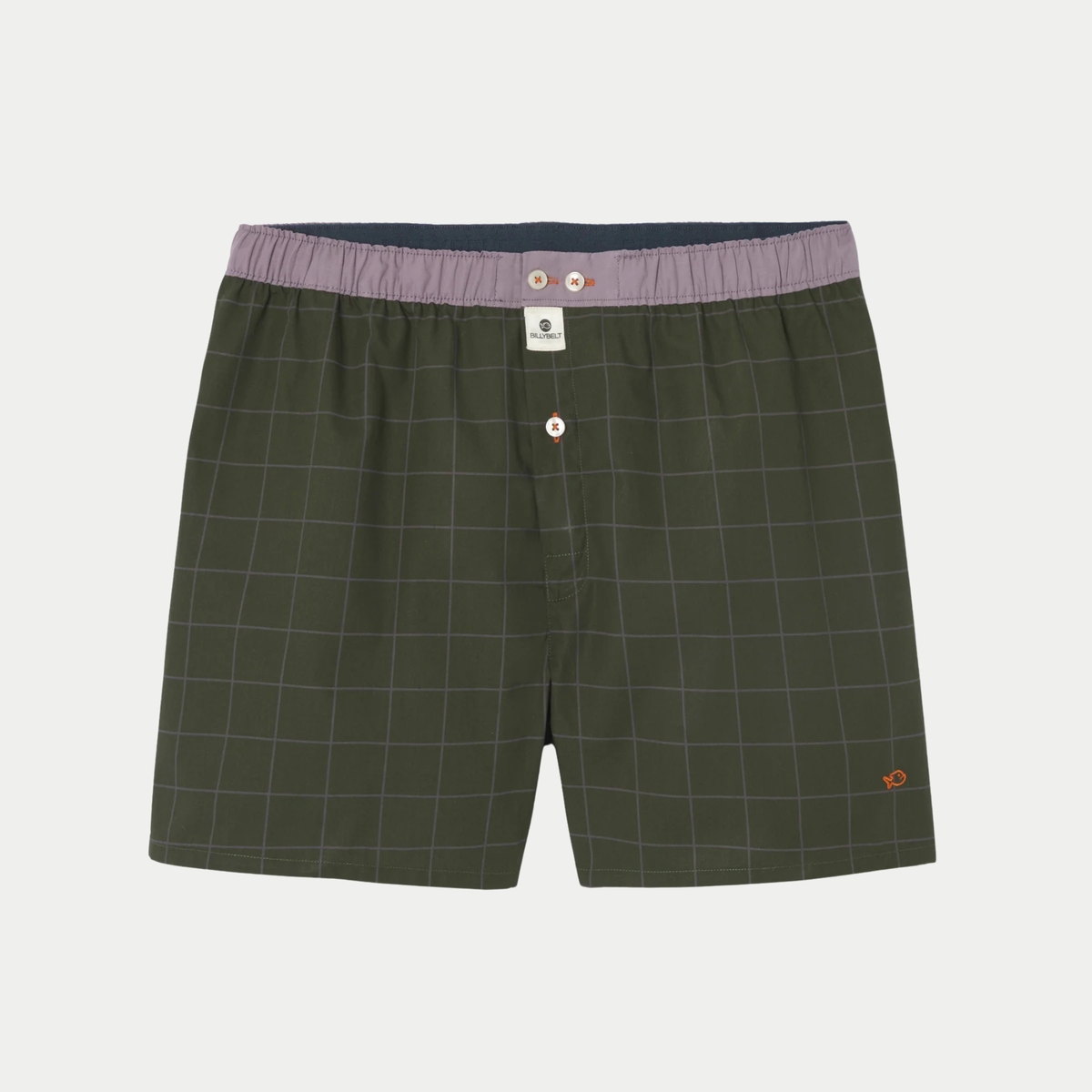 Caleçon BillyBelt City Green à plat, fins carreaux gris sur fond vert olive, ceinture lilas à boutons - vue de face