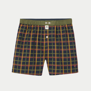 Caleçon Urban Tartan à plat, tartan bleu marine à carreaux vert kaki, jaune et rouge, ceinture élastique kaki à deux boutons