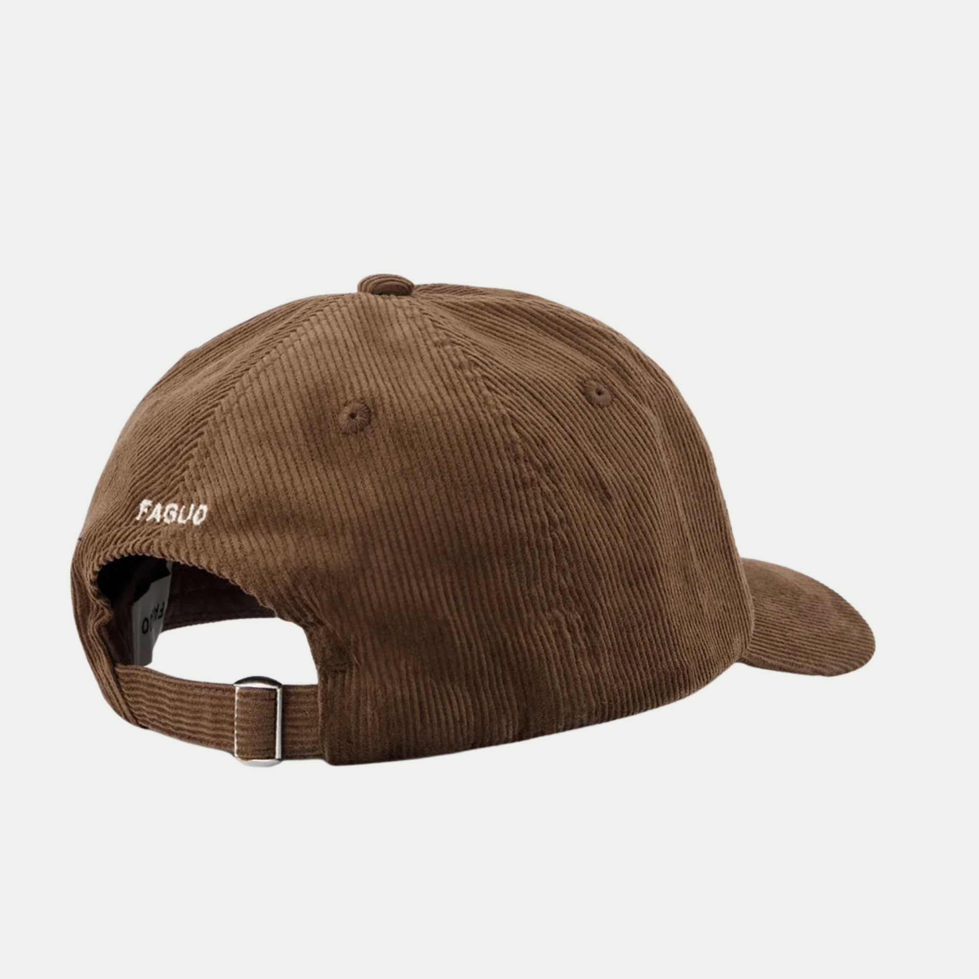 Casquette Faguo velours côtelé chocolat vue de dos : sangle réglable à boucle métallique et broderie FAGUO blanche