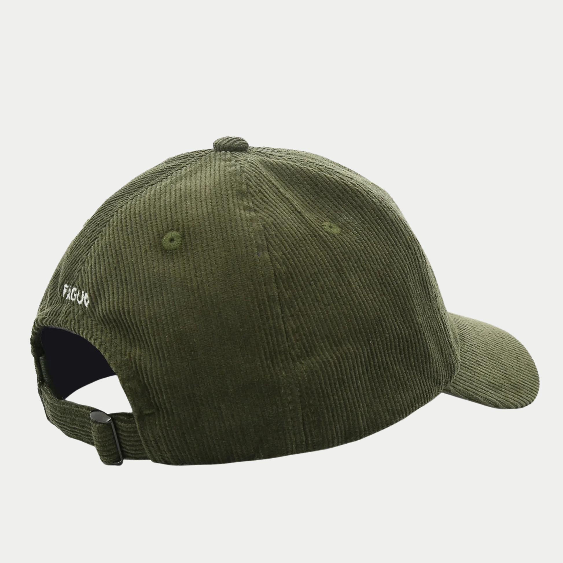 Dos de la casquette Faguo en velours côtelé kaki : sangle réglable à boucle métallique et FAGUO brodé blanc