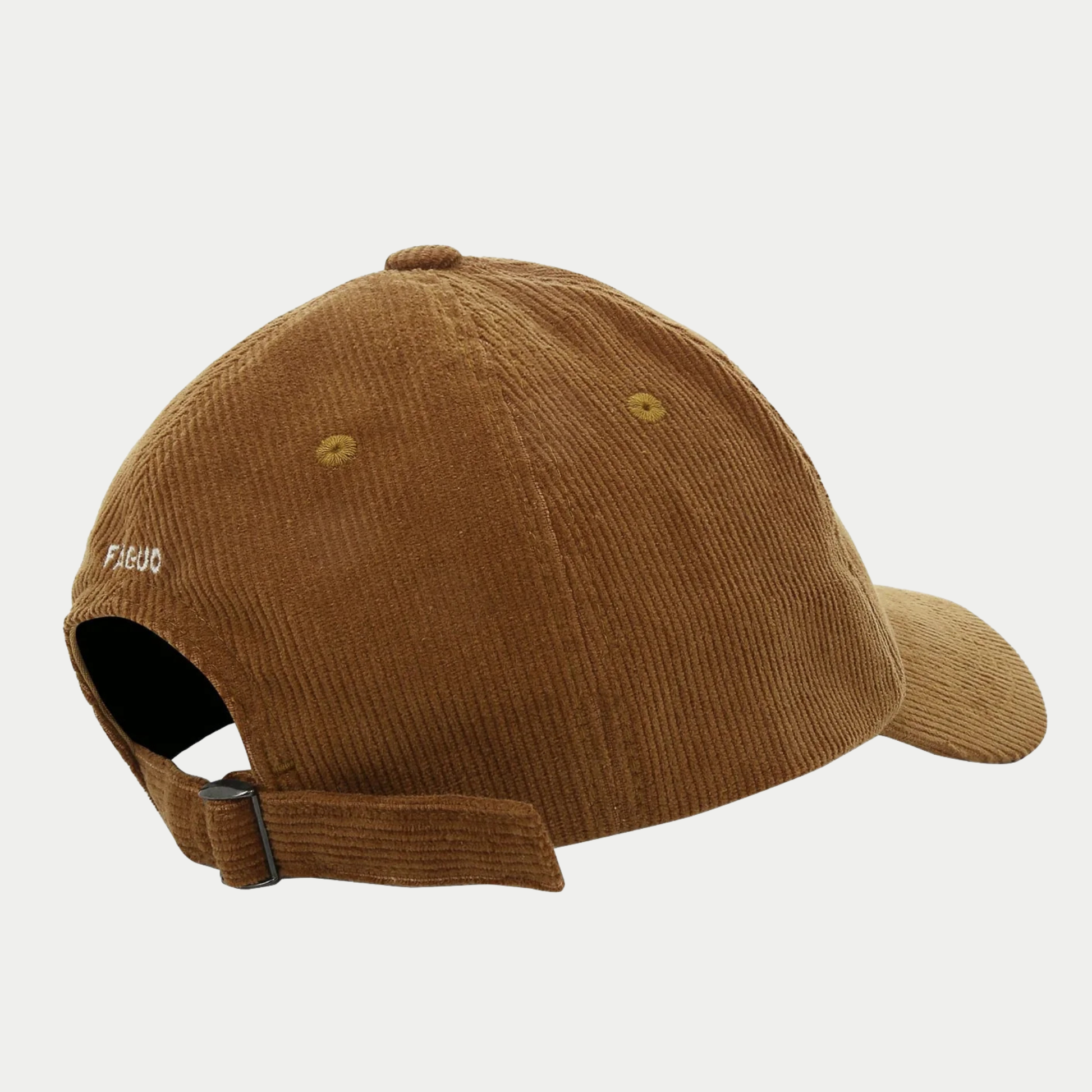 Casquette velours côtelé camel Faguo vue de dos, sangle réglable à boucle métallique et logo FAGUO brodé blanc