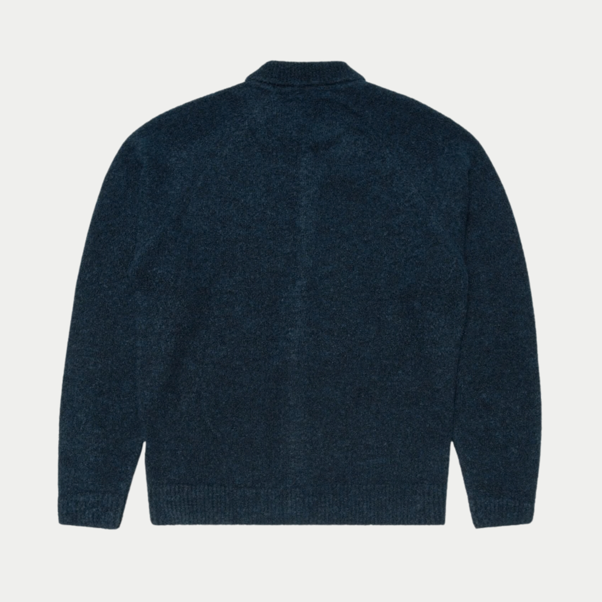 Dos à plat du cardigan Gemini bleu marine Edwin en maille bouclette, ourlet et poignets côtelés