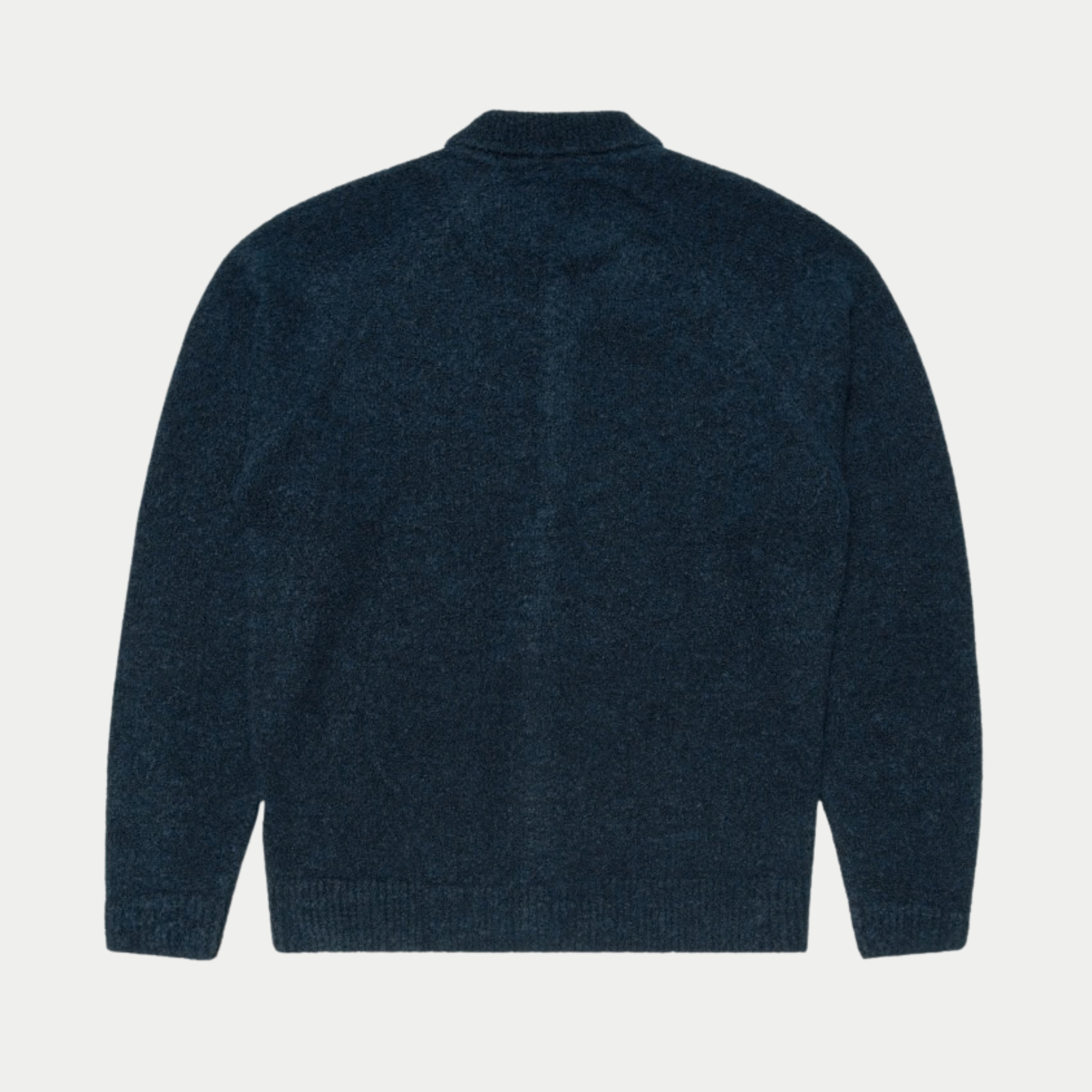 Dos à plat du cardigan Gemini bleu marine Edwin en maille bouclette, ourlet et poignets côtelés
