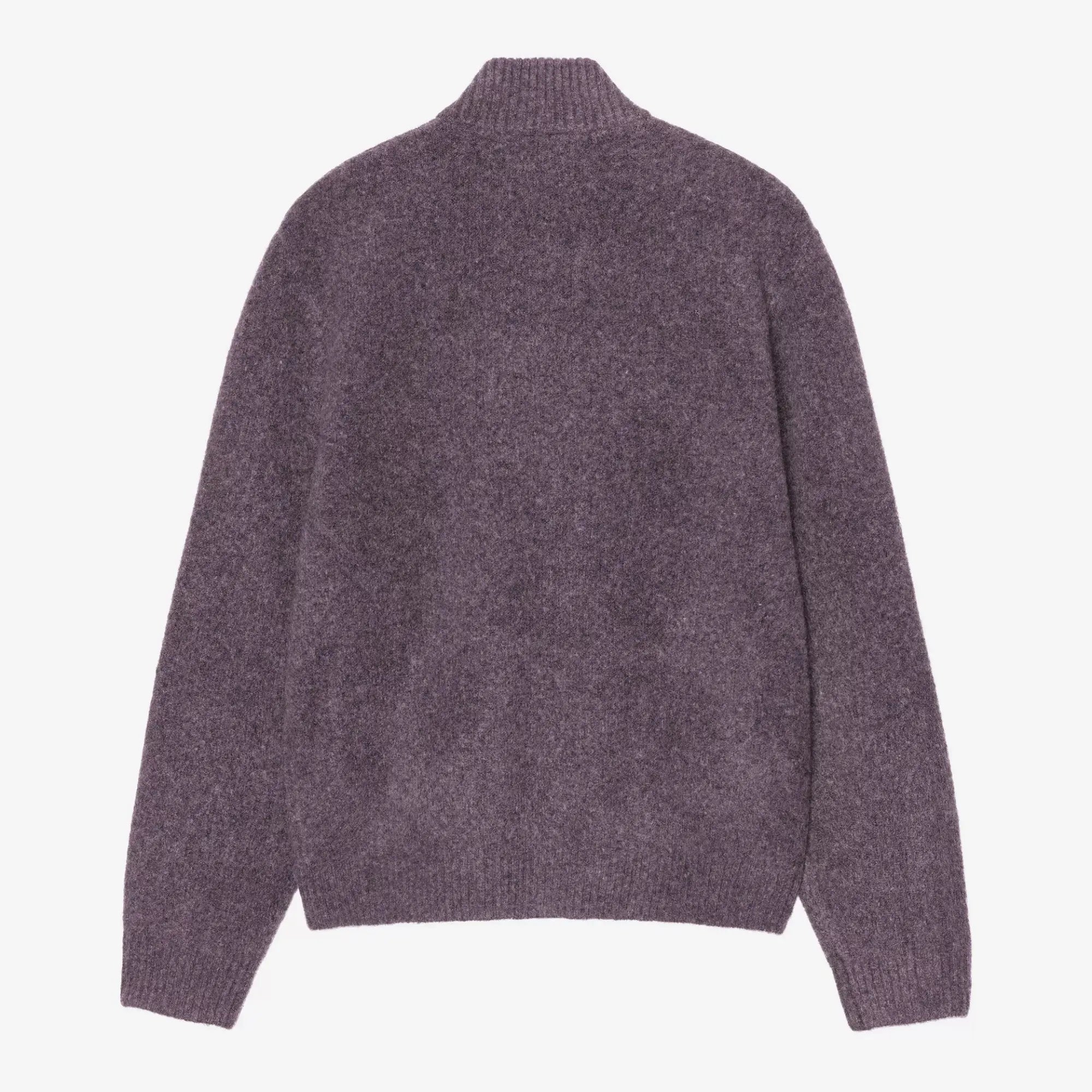Cardigan zippé Curtis Shady Purple Carhartt WIP à plat de dos, maille duveteuse violet prune chinée unie, bas et poignets côtelés