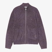 Cardigan zippé Curtis Shady Purple Carhartt WIP à plat de face, col montant côtelé, zip double sens et logo C brodé ton sur ton
