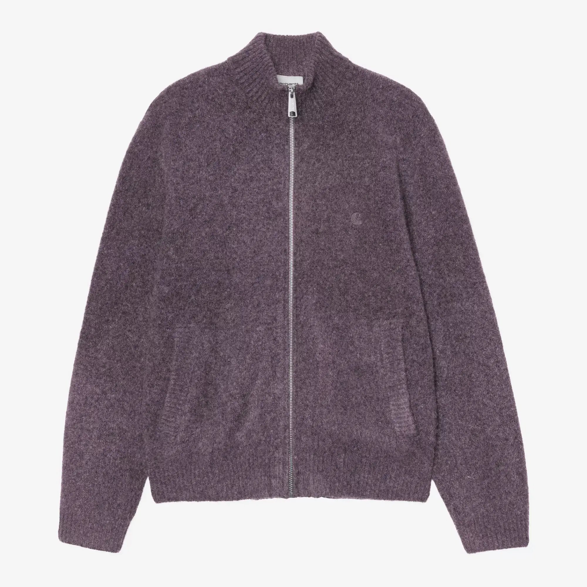 Cardigan zippé Curtis Shady Purple Carhartt WIP à plat de face, col montant côtelé, zip double sens et logo C brodé ton sur ton