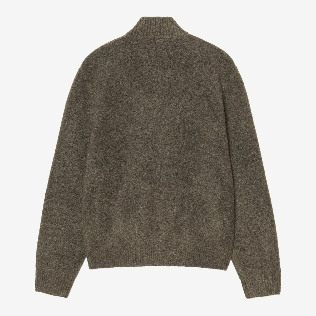 Dos du cardigan Curtis kaki chiné à plat, maille duveteuse unie et bas côtelé