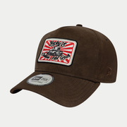 Casquette 9Forty E-Frame Moto Patch marron foncé New Era - trois-quarts avant, patch Lucky's Custom Hot Rods