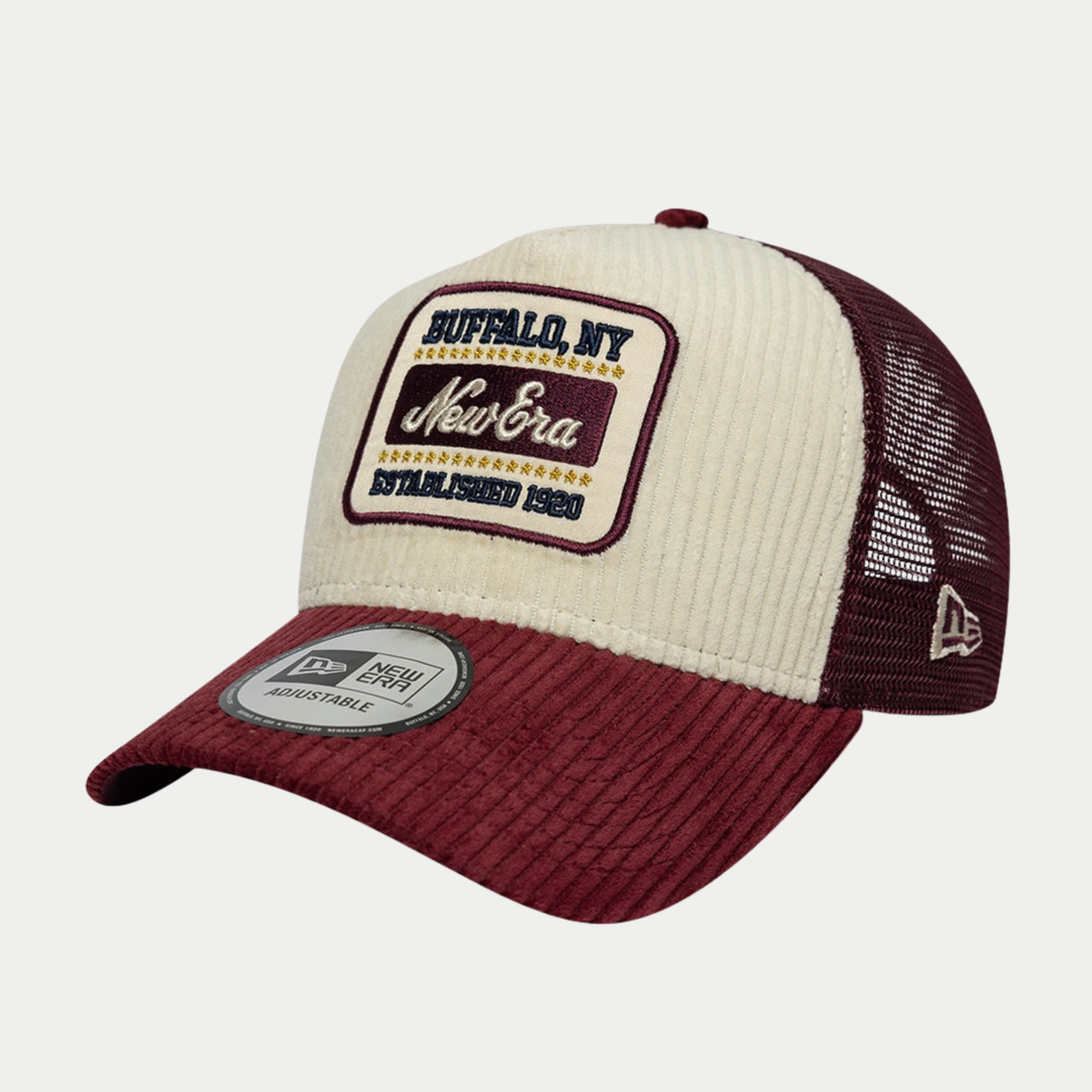 Casquette 9Forty E-Frame Trucker Cord Visor crème et bordeaux New Era - trois-quarts, patch brodé Buffalo NY