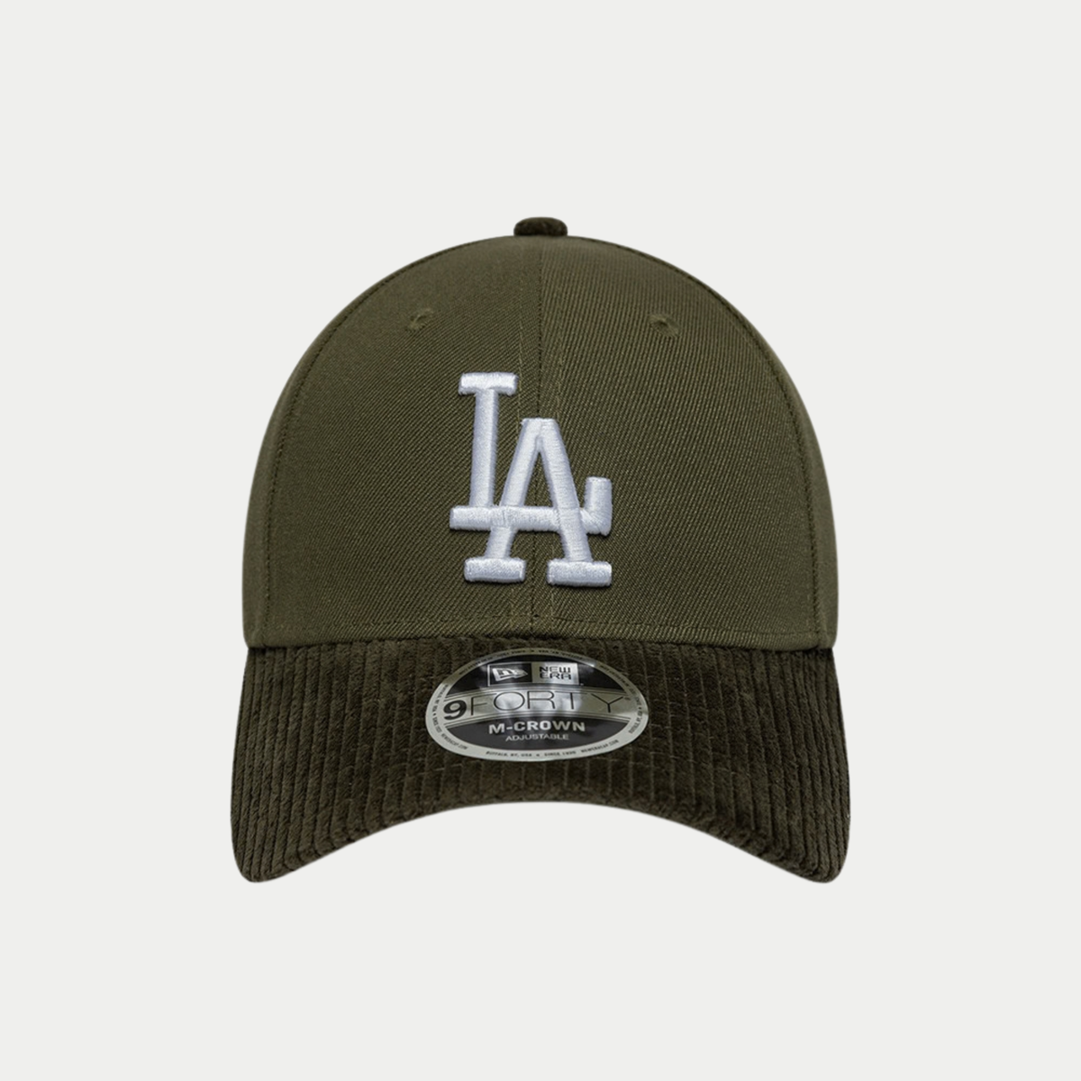 Casquette 9Forty LA Dodgers Cord Visor olive - vue de face, visière en velours côtelé olive foncé