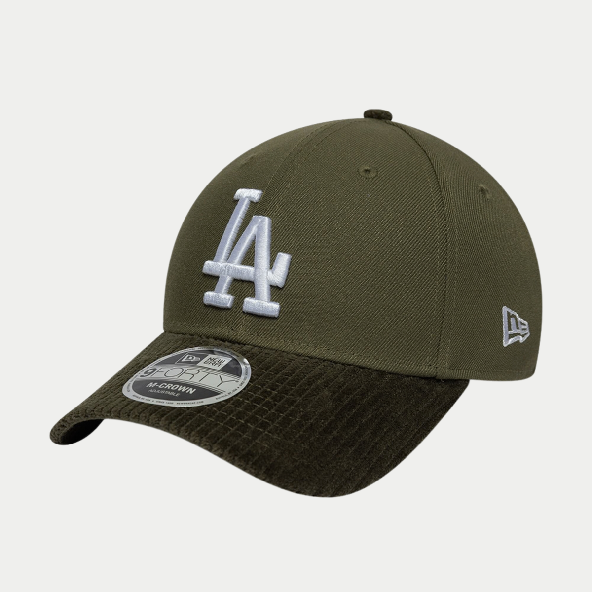 Casquette 9Forty M-Crown LA Dodgers Cord Visor olive New Era - trois-quarts, logo LA brodé blanc et drapeau New Era