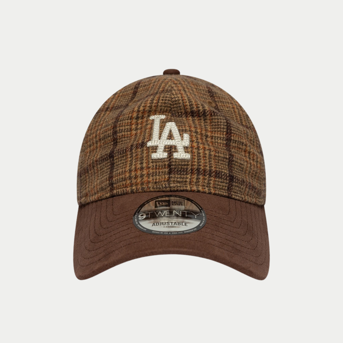 Casquette 9Twenty LA Dodgers Mix Check New Era - face avant, logo LA en relief et visière effet daim marron foncé