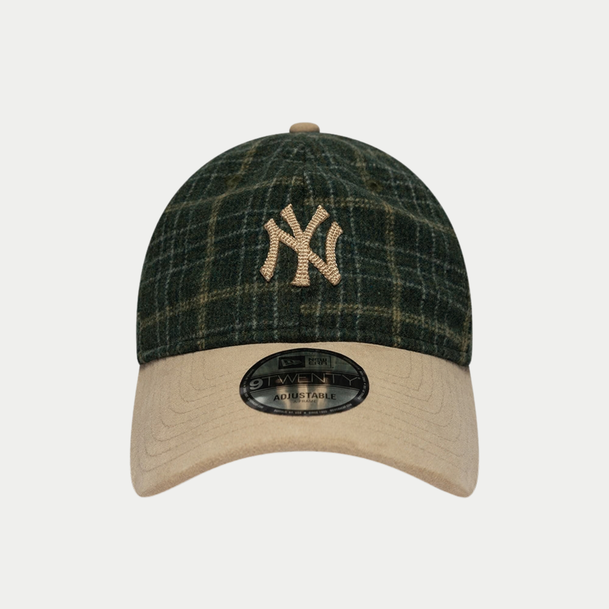 Casquette 9Twenty Yankees Mix Check New Era - face avant, logo NY en relief et visière effet daim beige