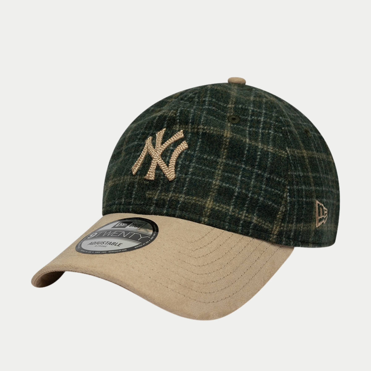 Casquette 9Twenty New York Yankees Mix Check vert foncé New Era - trois-quarts avant, logo NY beige brodé sur carreaux