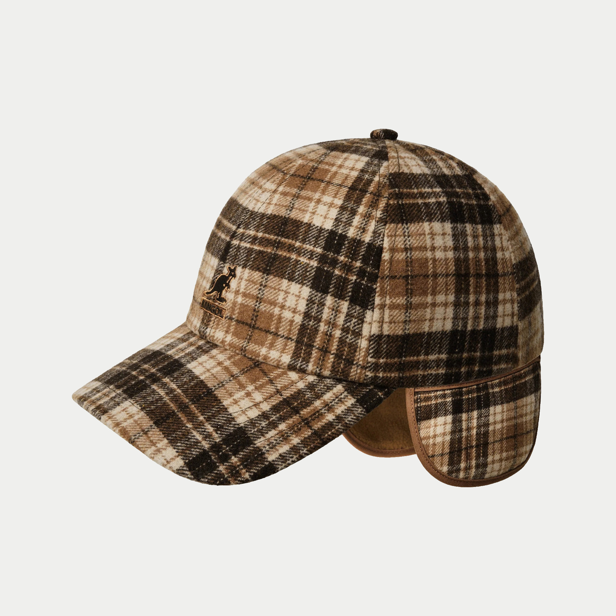 Casquette à carreaux camel Kangol - profil, rabats d'oreilles dépliés et doublure camel apparente