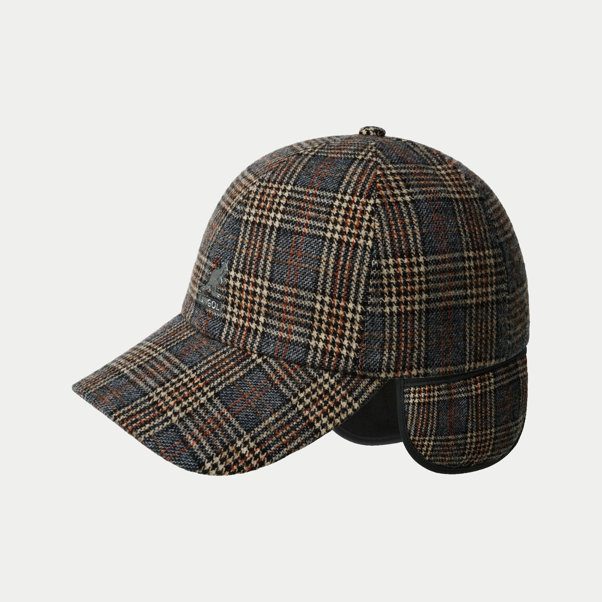 Casquette Kangol à carreaux gris, rabats d'oreilles dépliés et bordés de noir