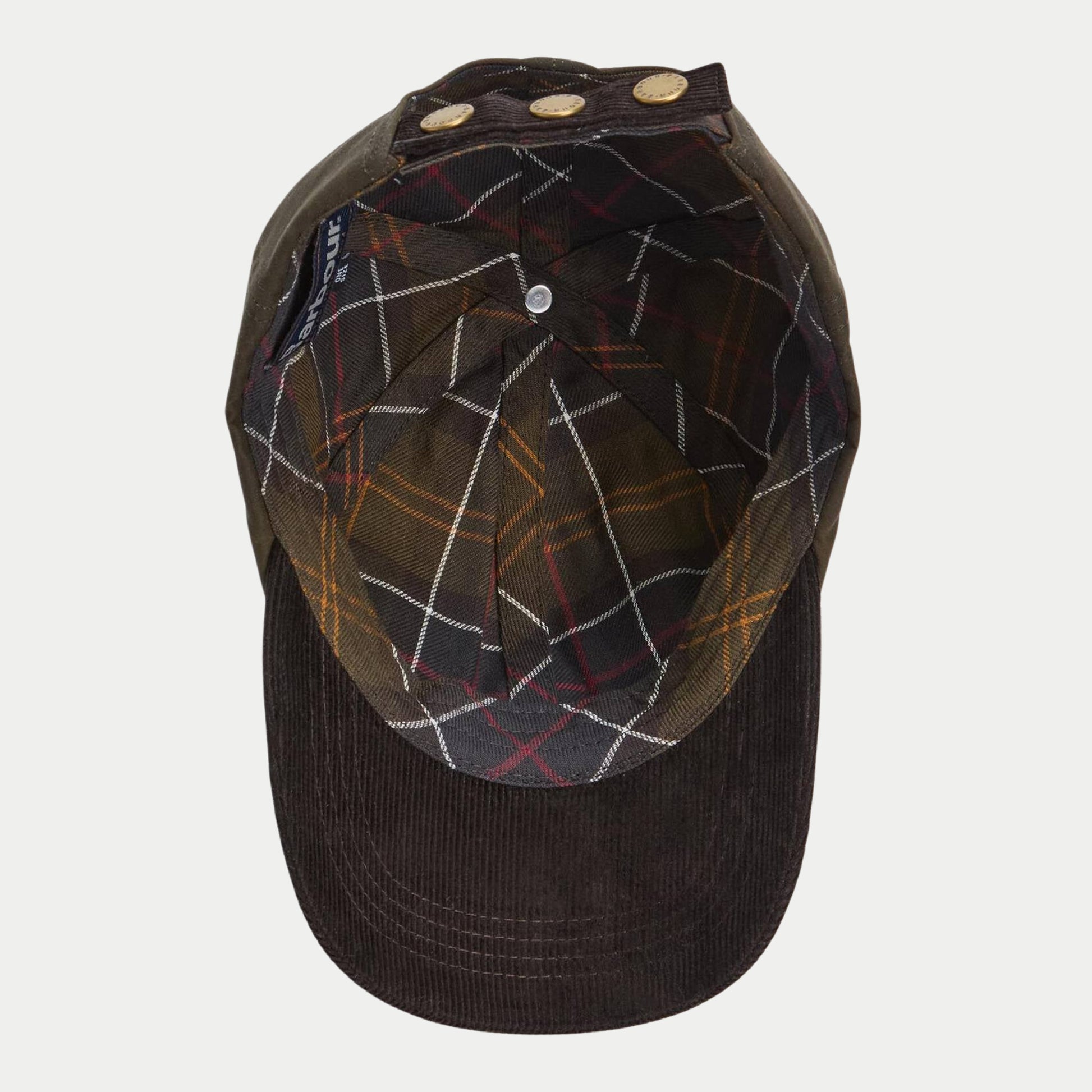 Casquette Ashby olive Barbour - vue de dessous, doublure tartan sous la calotte