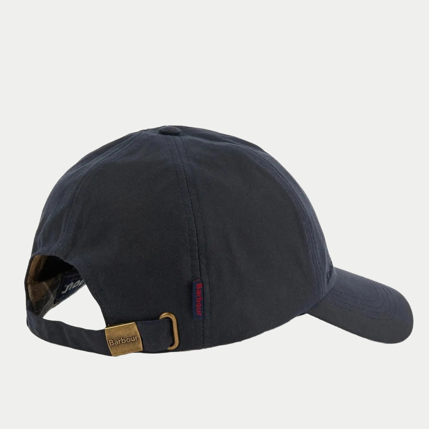 Casquette Wax Sports Navy Barbour - trois-quarts arrière, sangle réglable à boucle laiton et étiquette rouge