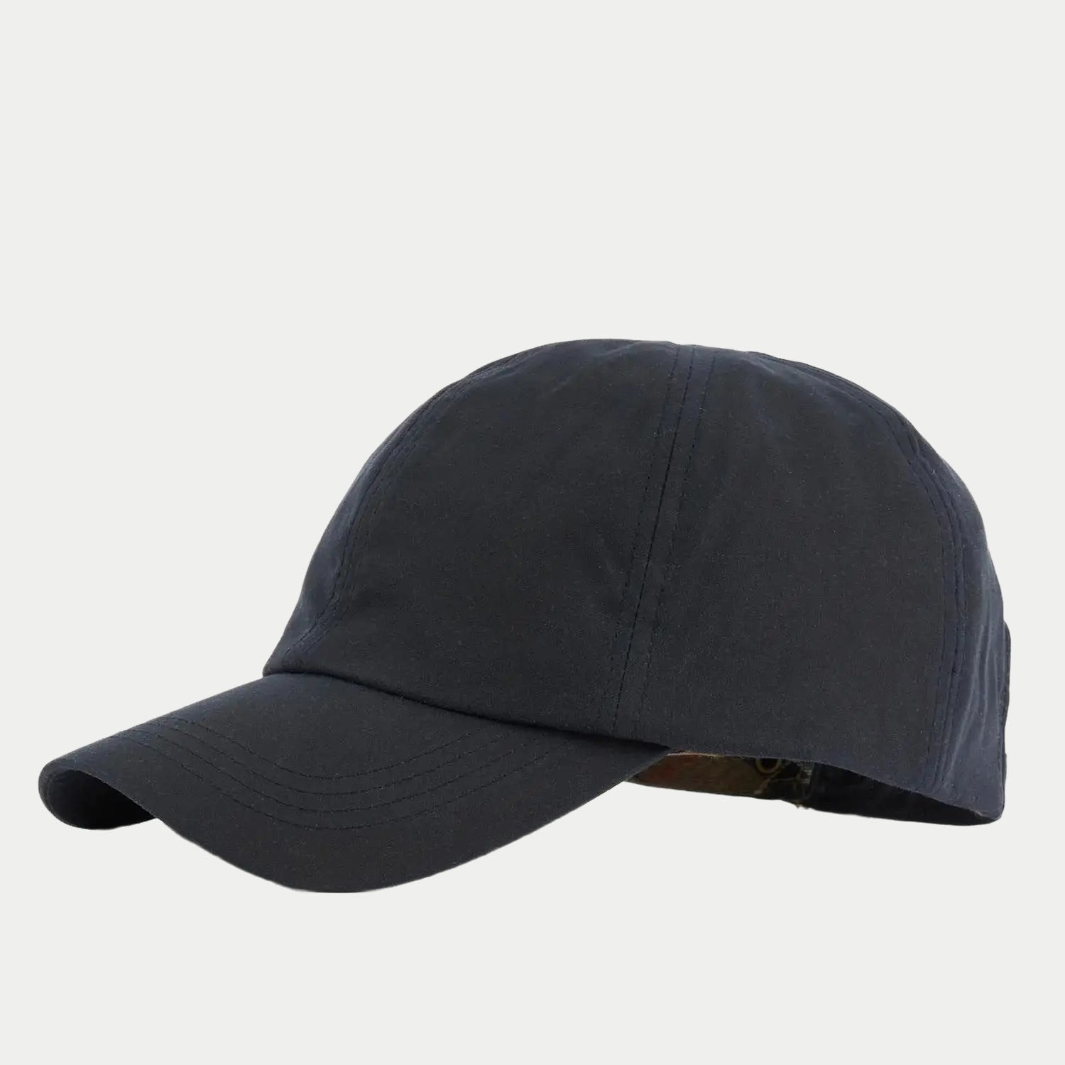 Casquette Wax Sports Navy Barbour - profil gauche, visière courbée en coton ciré bleu marine