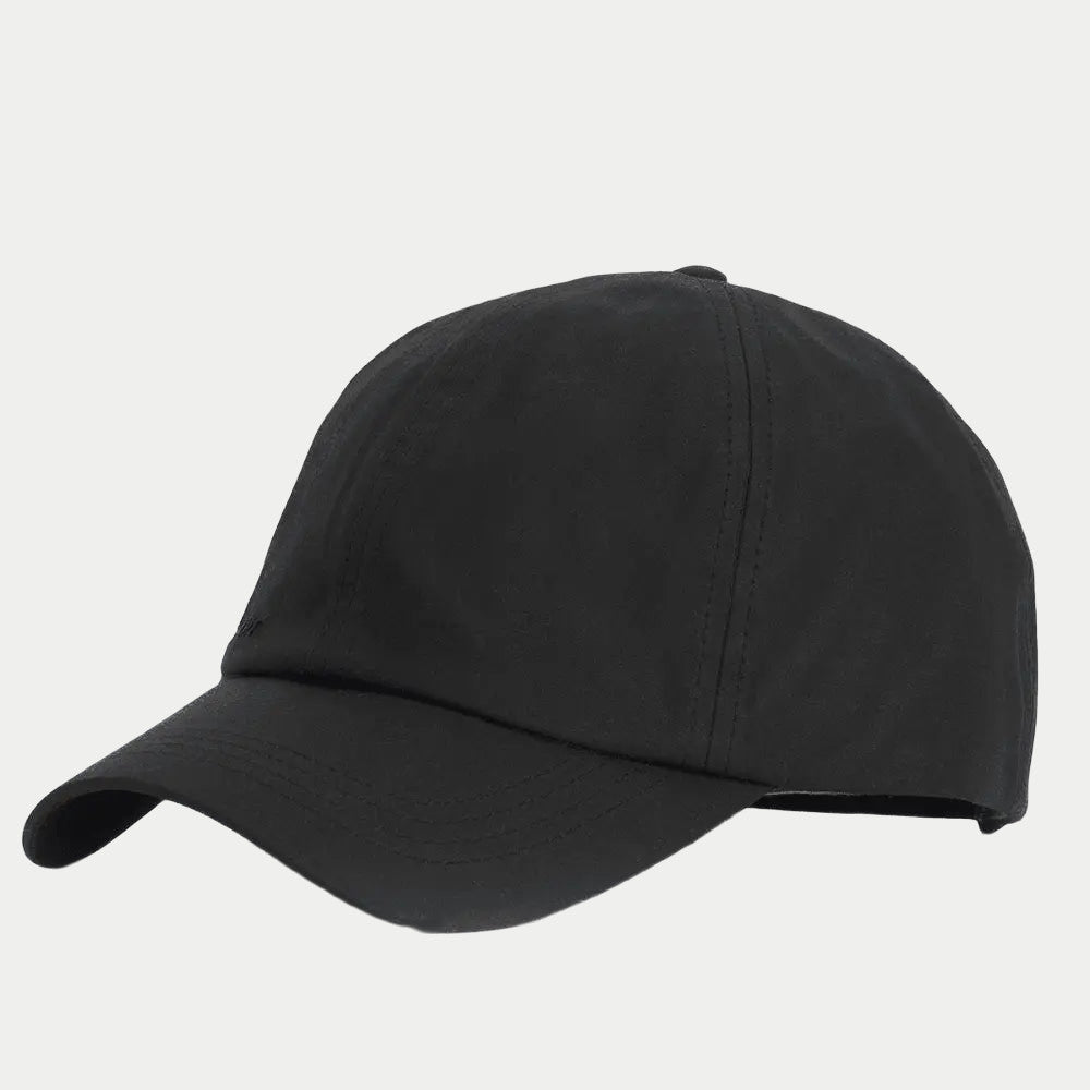 Casquette Wax Sports noire Barbour - trois-quarts avant, coton ciré mat et visière courbée