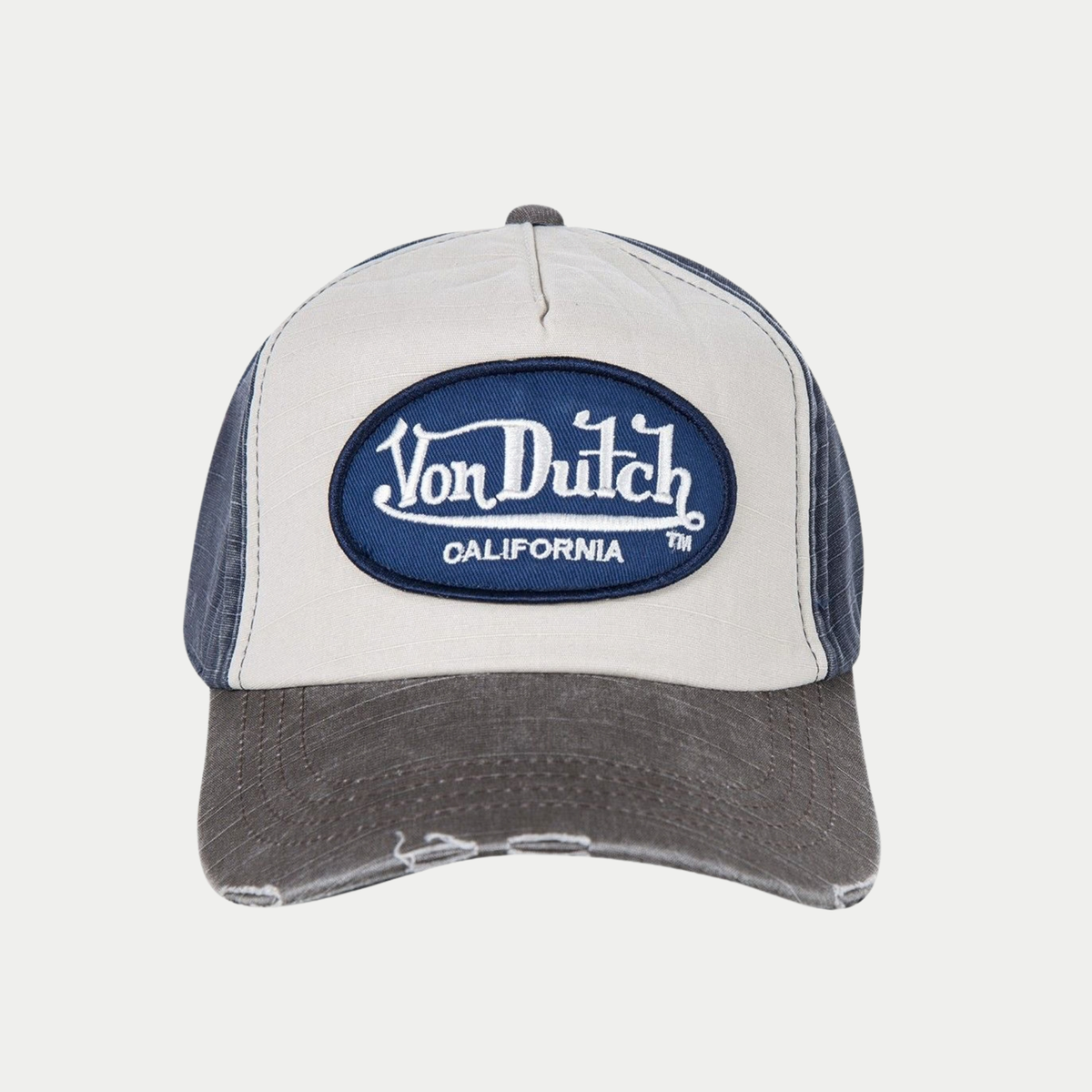 Casquette baseball Jack gris et bleu Von Dutch - vue de face, visière grise effet usé