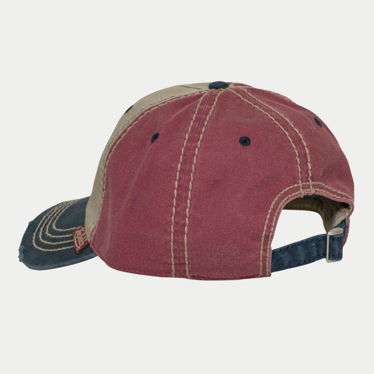 Casquette Von Dutch Retro vue de dos, panneaux bordeaux et sangle bleu marine à boucle métal