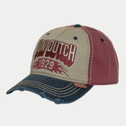 Casquette baseball Von Dutch Retro beige et bordeaux de trois quarts, broderie 1929 et visière bleu marine usée