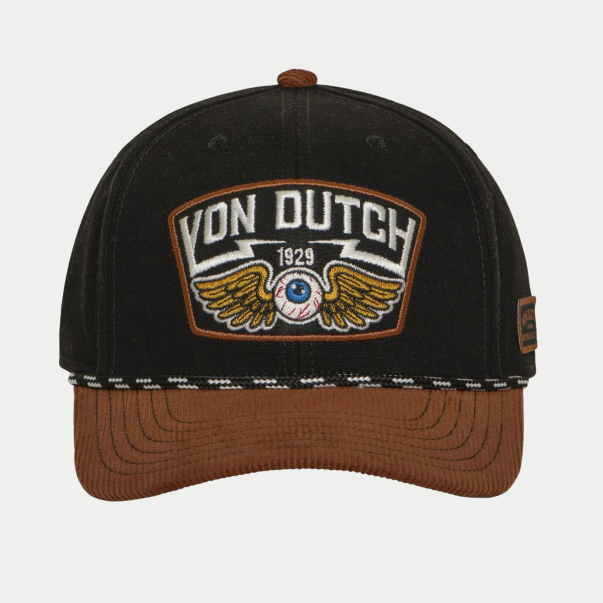 Casquette baseball S-Curved noire et marron Von Dutch - vue de face, cordon tressé au-dessus de la visière