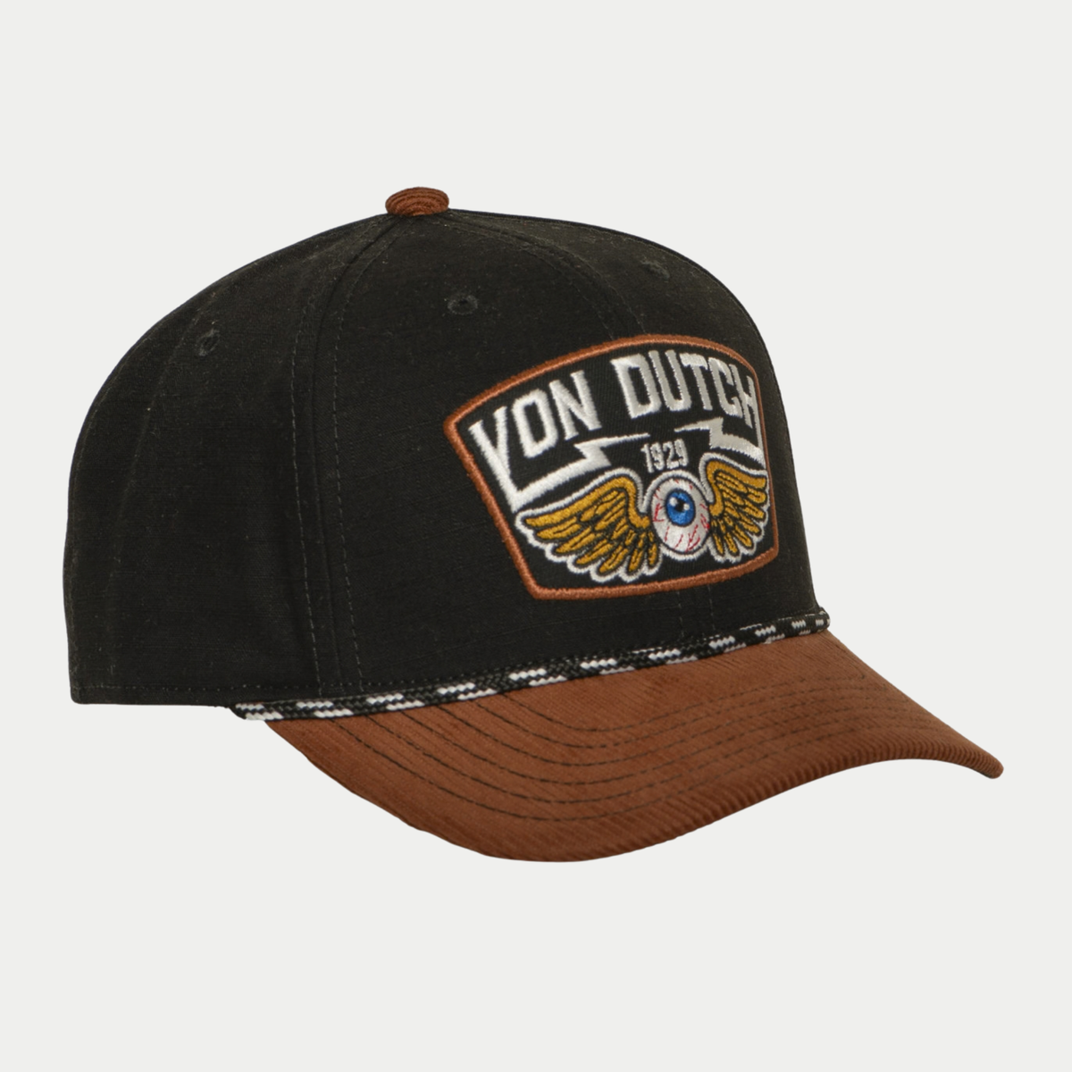 Casquette baseball S-Curved noire et marron Von Dutch - vue trois-quarts côté opposé, visière en velours côtelé