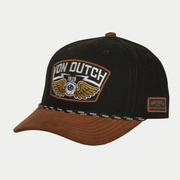 Casquette baseball S-Curved noire et marron Von Dutch - vue trois-quarts, écusson œil ailé 1929 et étiquette latérale