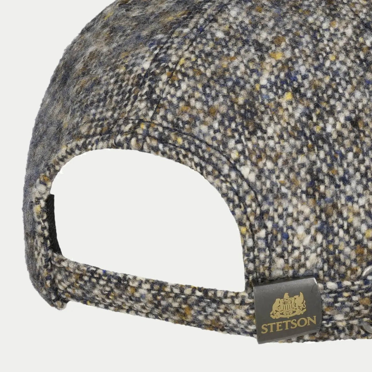 Arrière de la casquette : sangle réglable à boucle métallique Stetson, tweed Donegal beige et bleu