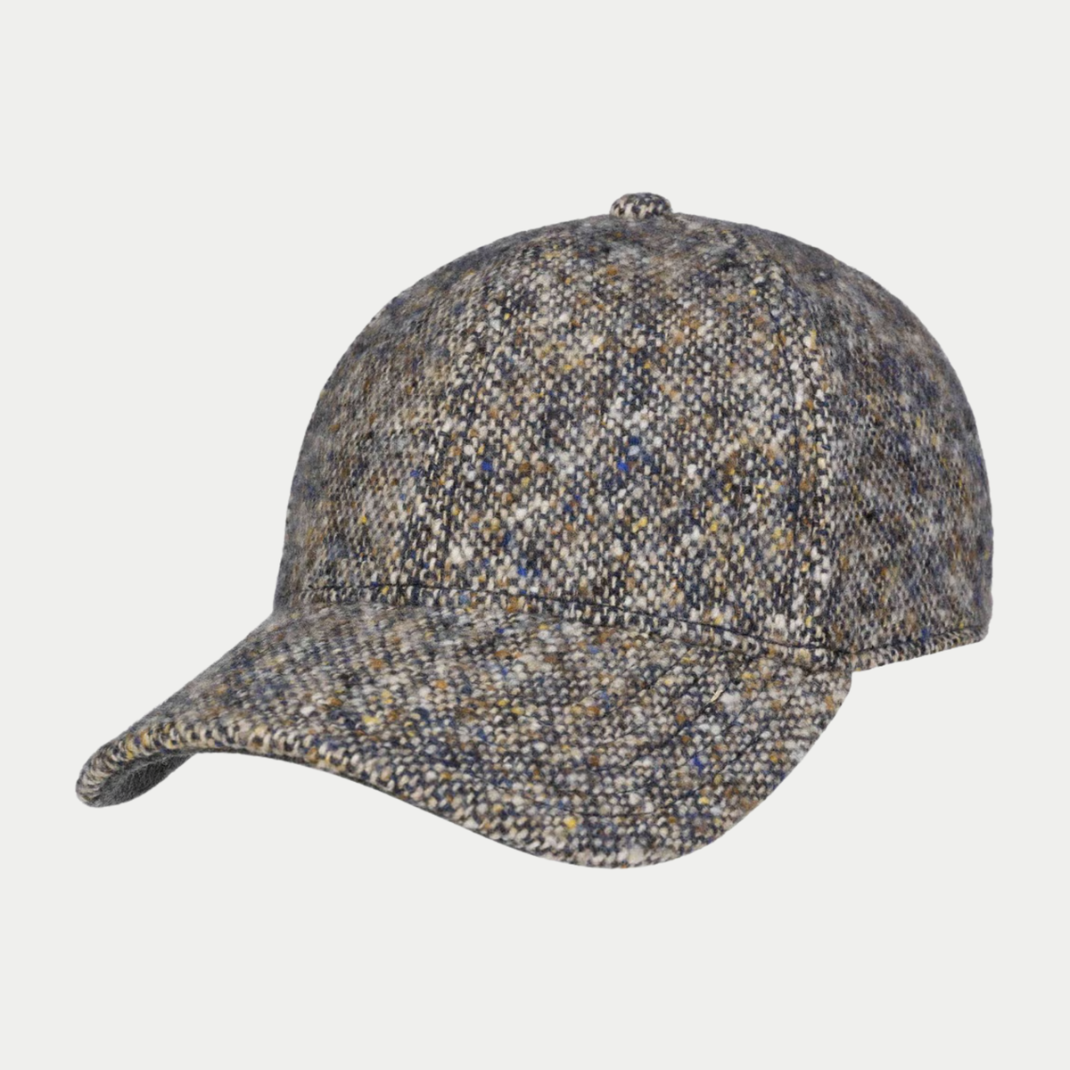 Casquette baseball Stetson en tweed Donegal beige et bleu, vue trois quarts avant, visière pré-courbée