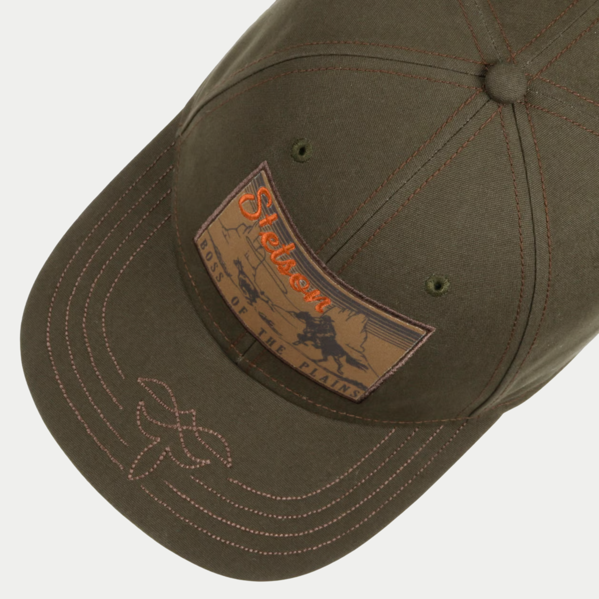 Casquette Boss of the Plains vert olive Stetson - dessus six pans, visière courbée et surpiqûres cuivre