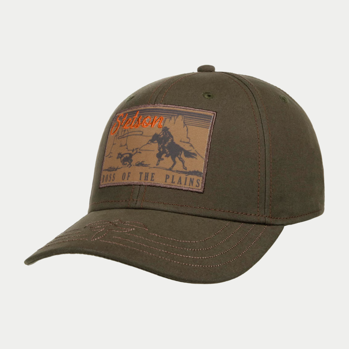 Casquette Boss of the Plains vert olive Stetson - vue trois-quarts avant avec écusson western brodé