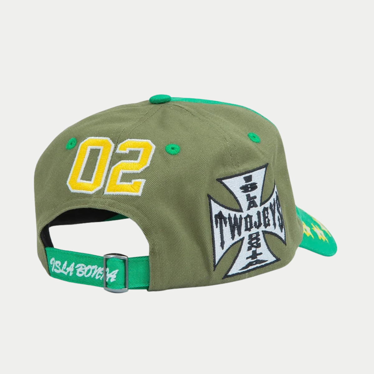 Dos de la casquette brodée Twojeys kaki : numéro 02, croix Isla Bonita et sangle brodée
