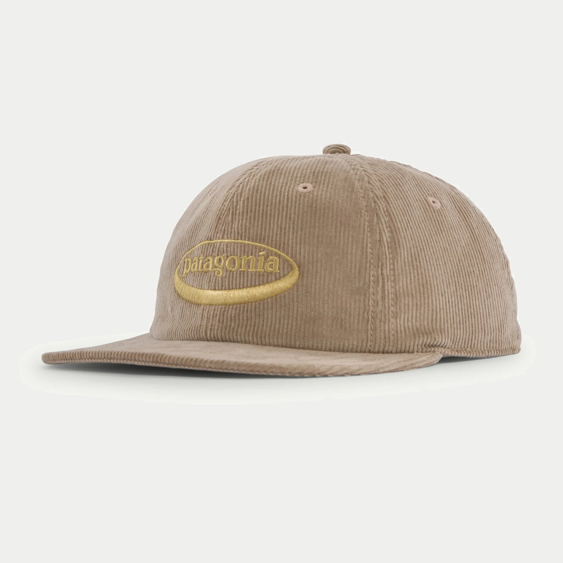 Casquette Patagonia Corduroy Seabird Grey, velours côtelé beige taupe, logo ovale ’95 brodé doré, vue trois quarts