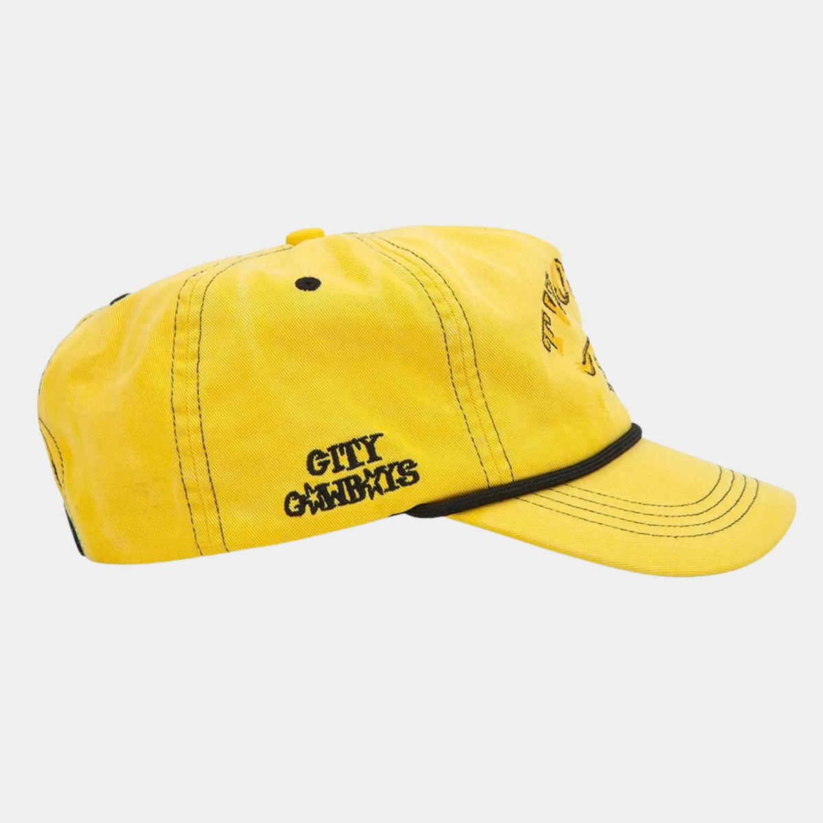 Casquette délavée Twojeys jaune de profil, broderie City Cowboys sur le côté