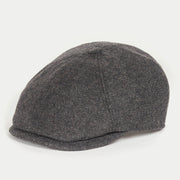 Casquette gavroche grise Barbour - profil trois quarts, laine chinée et calotte à panneaux