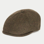 Casquette gavroche olive Barbour - profil trois quarts, laine à chevrons et calotte à panneaux