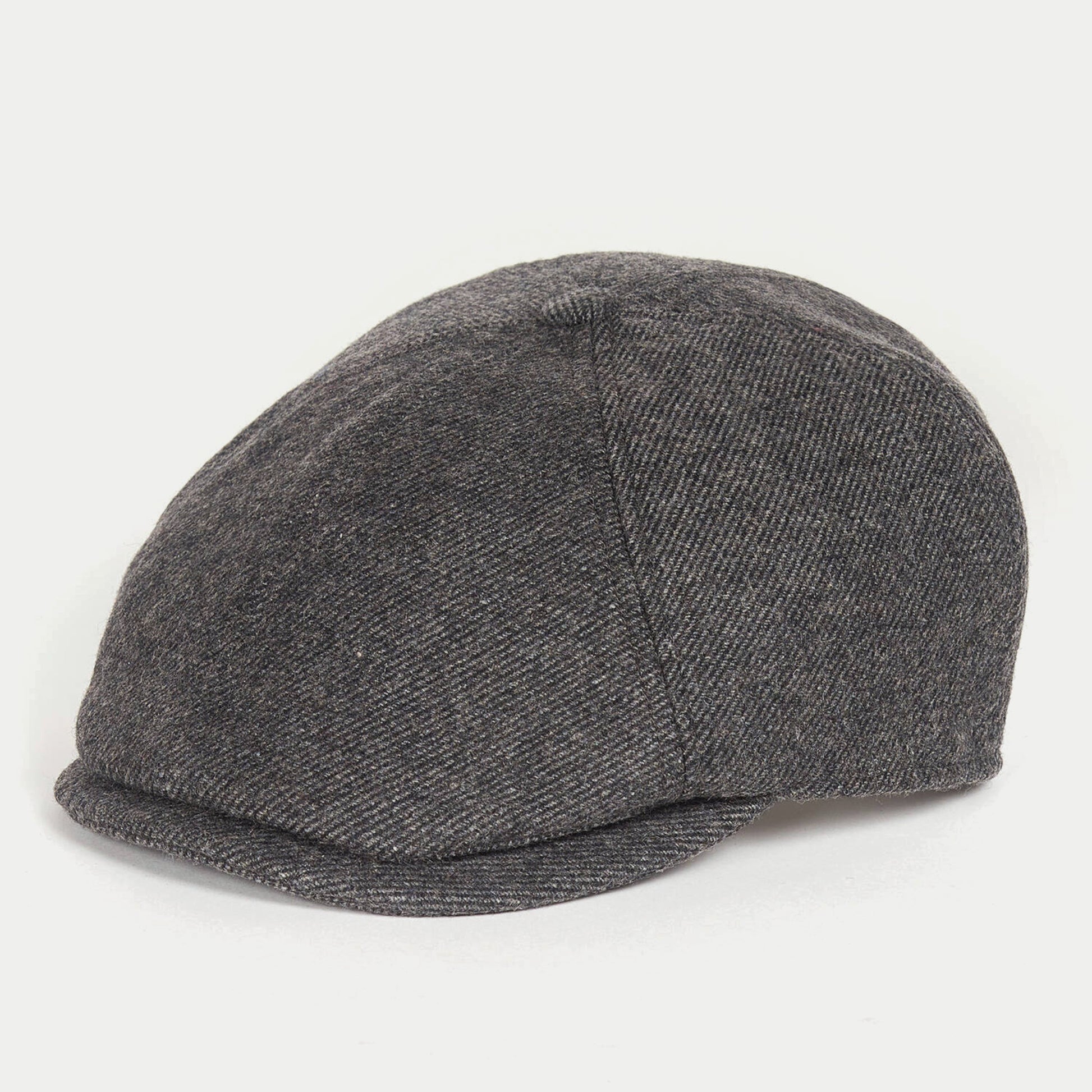 Casquette gavroche grise Barbour - profil trois quarts, laine chinée et calotte à panneaux