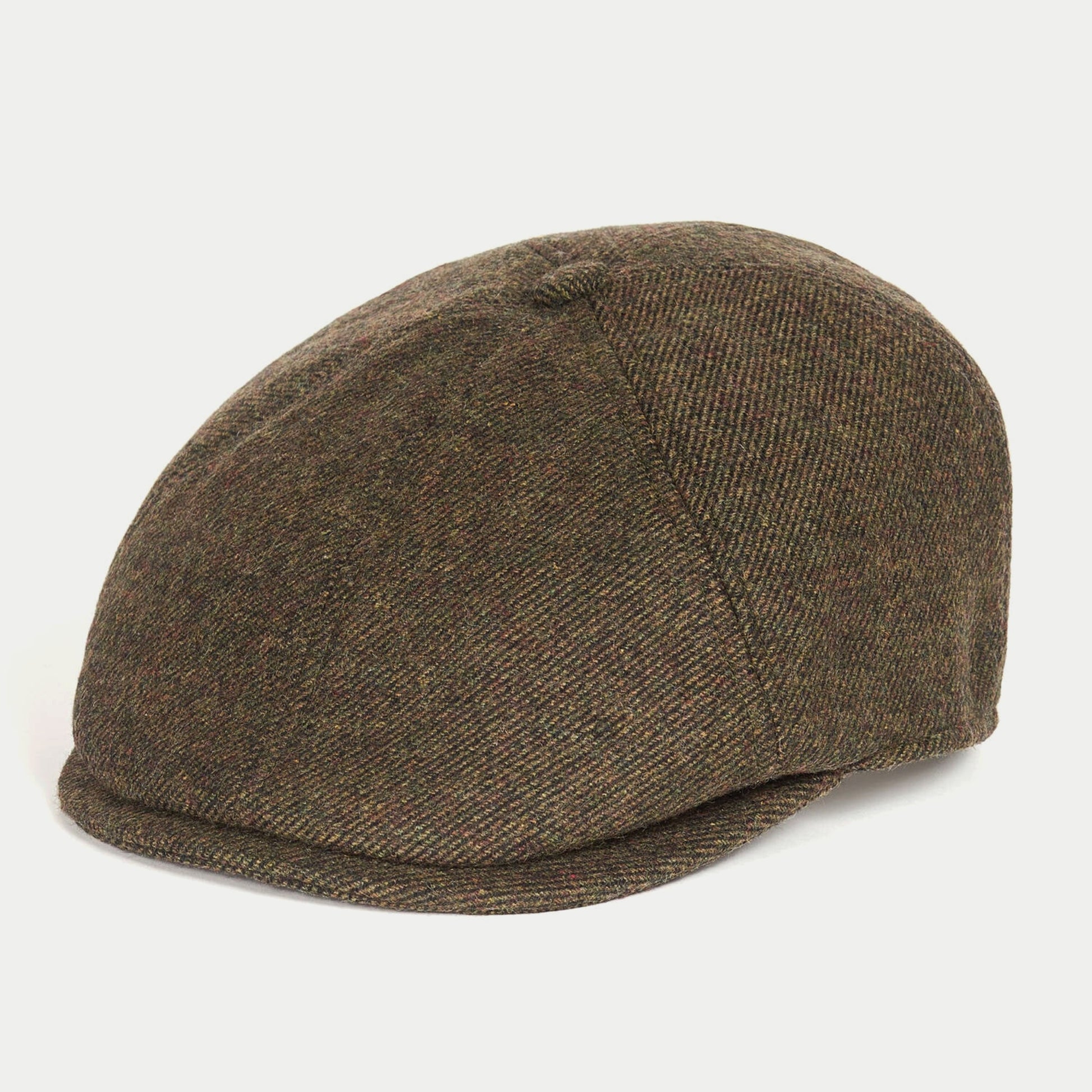 Casquette gavroche olive Barbour - profil trois quarts, laine à chevrons et calotte à panneaux