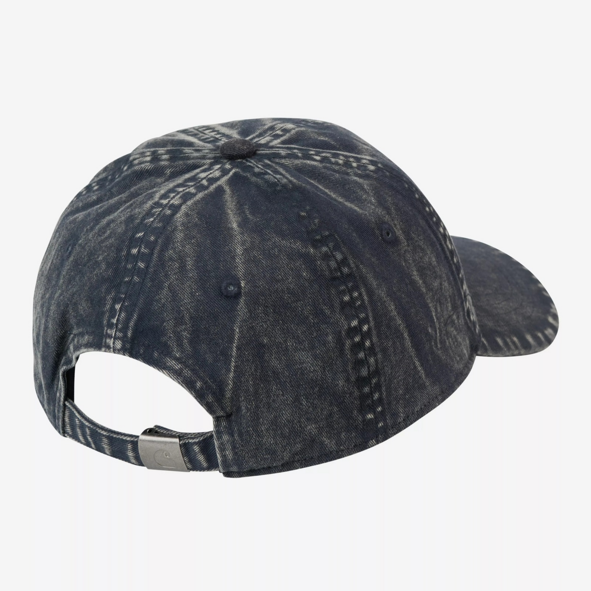 Casquette Lambert Bleu Marine Carhartt WIP - dos, coutures éclaircies par le moon wash et sangle à boucle métal